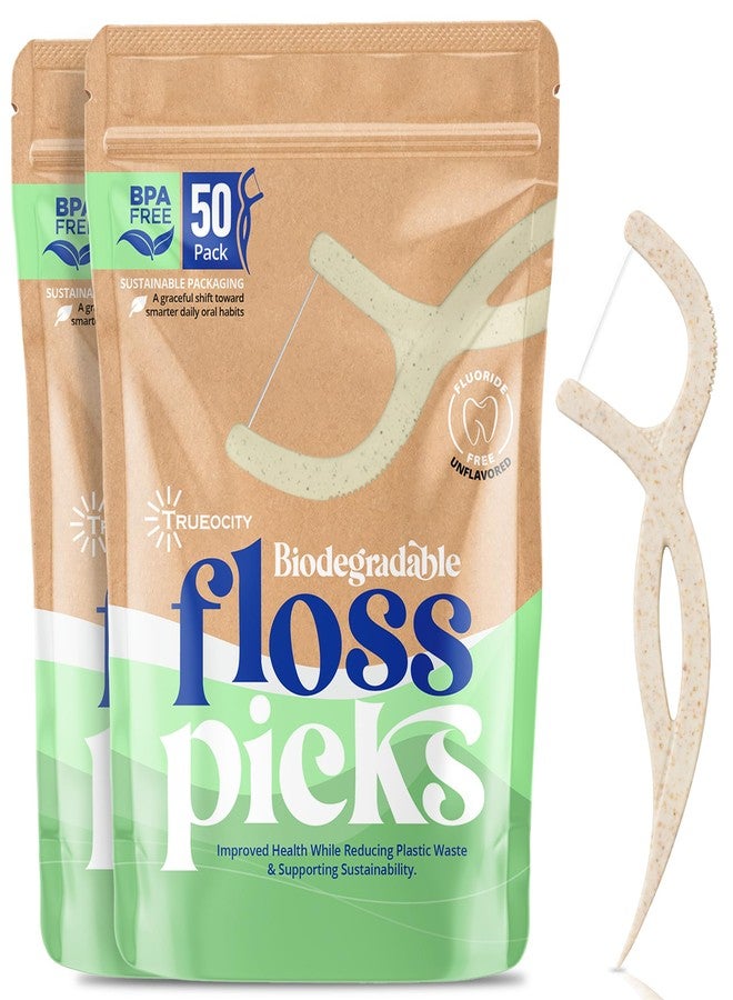 Trueocity Biodegradable Floss Picks, Natural & Organic Floss Picks, Eco-Friendly Tooth Flossers, Ideal for Adults, Gentle & Effective Flossing, Fresh Breath, Sustainable Oral Care (100 Units) - Image 1